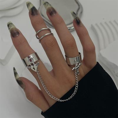 Key Heart Lock Ring Set Women Personalised Chain Two Finger One Piece Ring