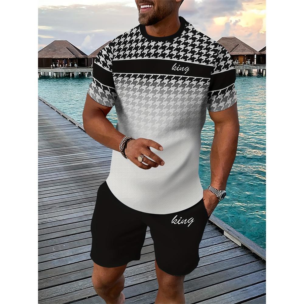 Men's Breathable Athletic Set Summer 3D Letter Print T-Shirt And Shorts Set Adult Lightweight Fitness Wear Casual Sportswear Set