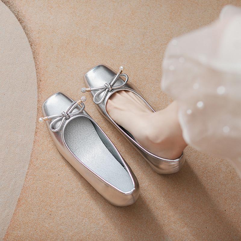 ~ Classic round head bow light mouth soft sole square head pearl ballet silver single shoes women