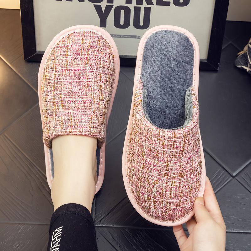 Linen surface breathable autumn and winter velvet warm men and women couples elderly home cotton slippers indoor thick bottom non-slip