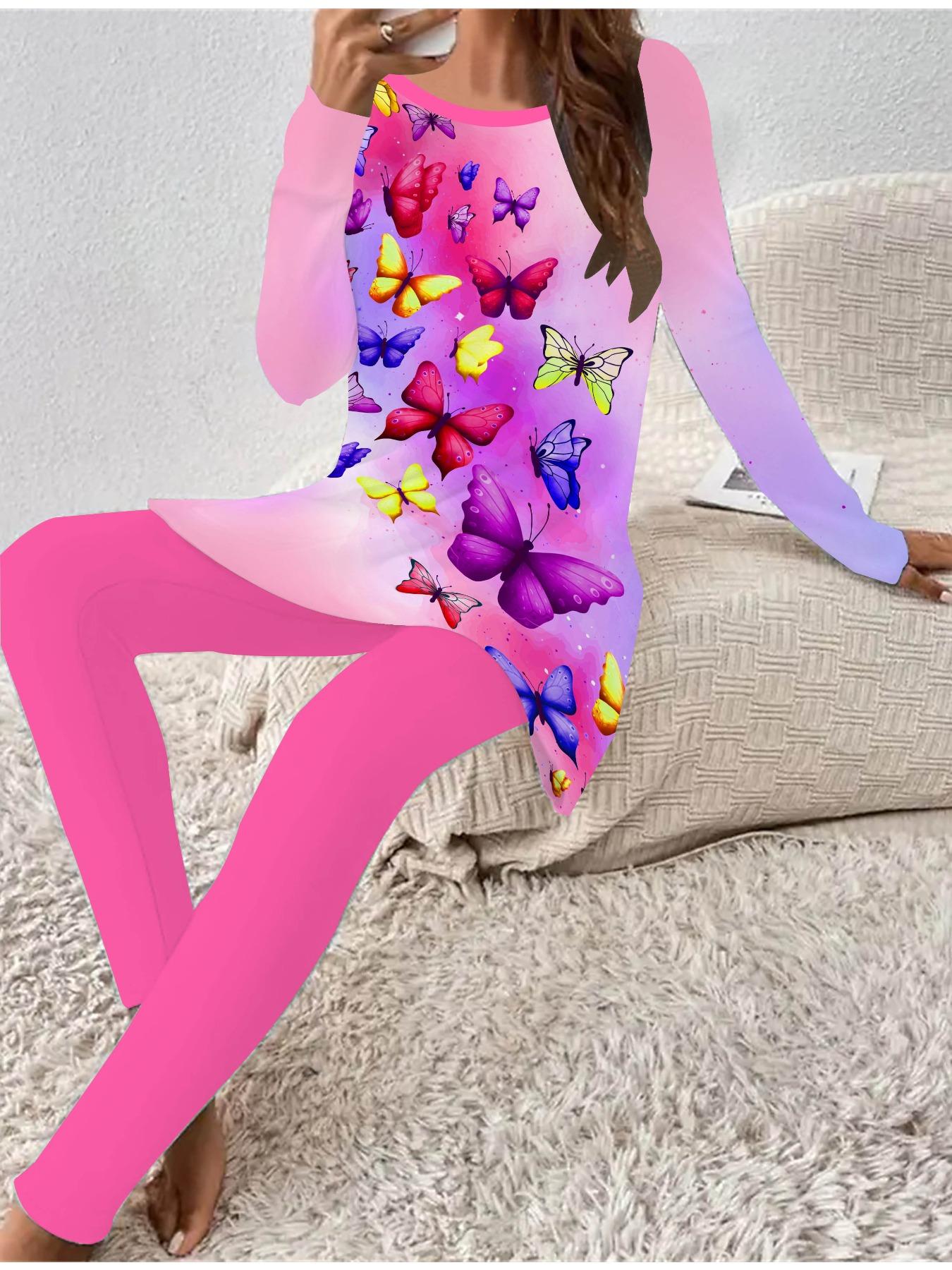 

Euro-American Fashion 3D Dragonfly Printed Women s Four-season Long-sleeved T-shirt + Long Pants Two-piece Set. Perfect Gift for New Year & Christmas 8XL рожевий