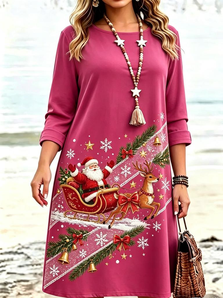 Christmas Dress Women Casual Pullover Snow Print Mini Dress Lady Autumn Long Sleeve Party Dresses Female Xmas Mini Dress Winter
