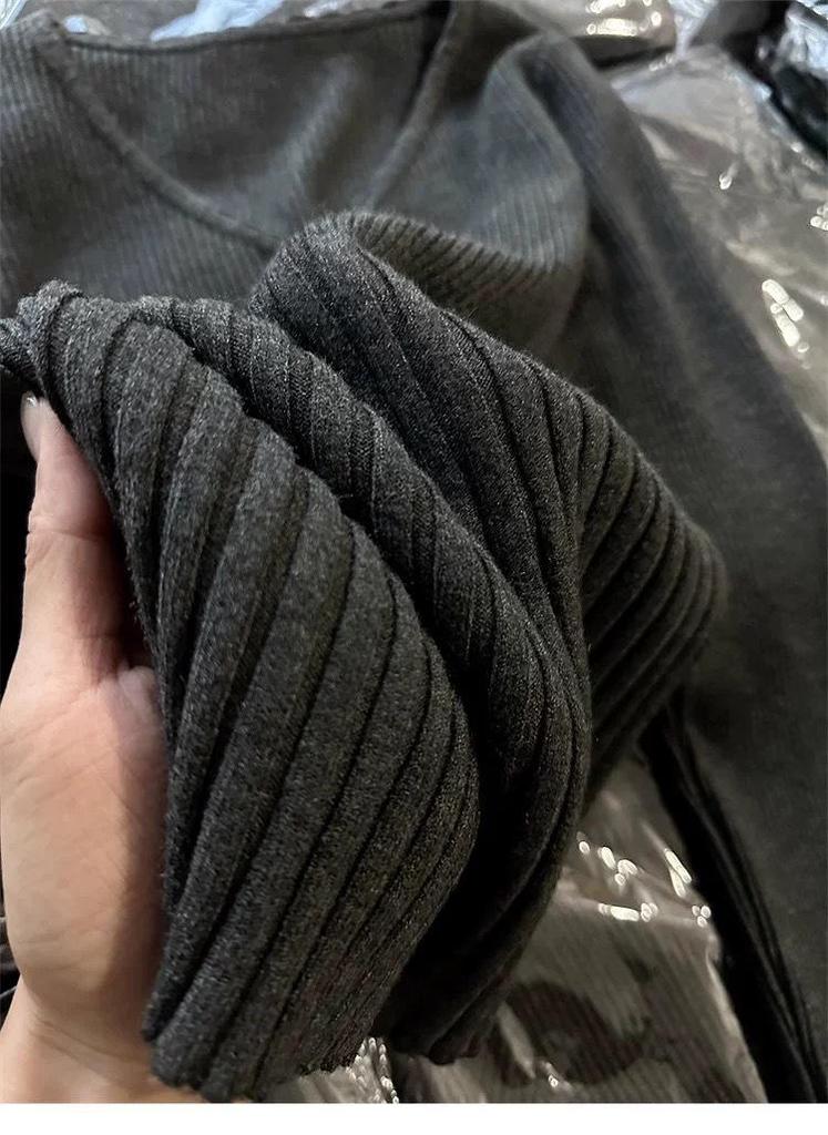 Women’s Dark Gray Ribbed Knit Lace V-Neck Pullover with Cinched Waist