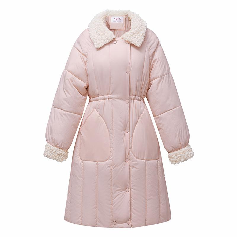 2025 New Lamb Wool Collar Waist Women's Long Down Cotton Clothes Solid Color Single-breasted Loose Coat
