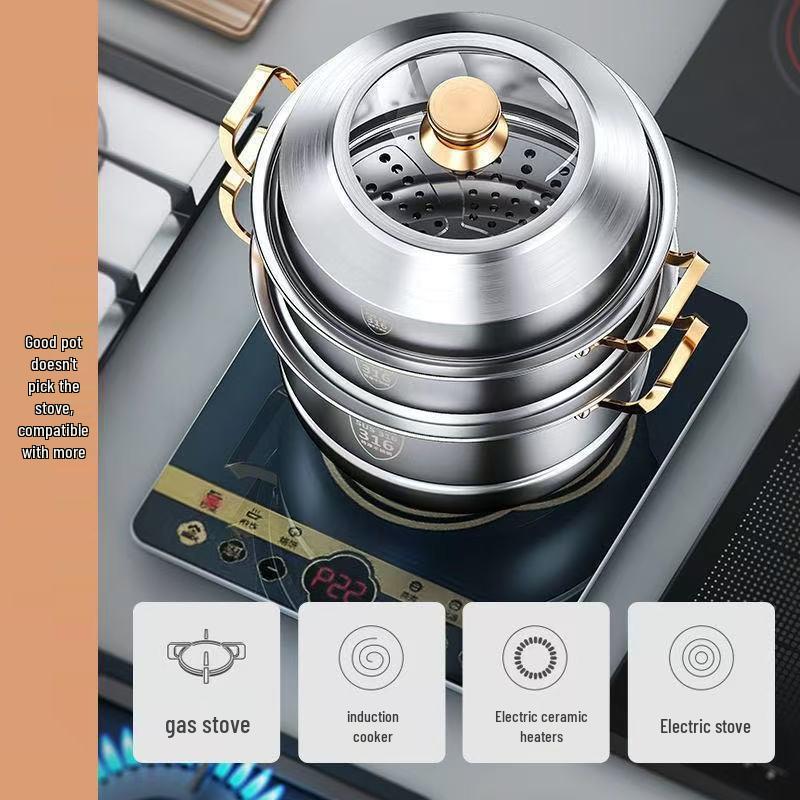316 Stainless Steel Multi-Layer Steamer Pot: Food-Grade, Thickened Soup Pot for Induction Cookers