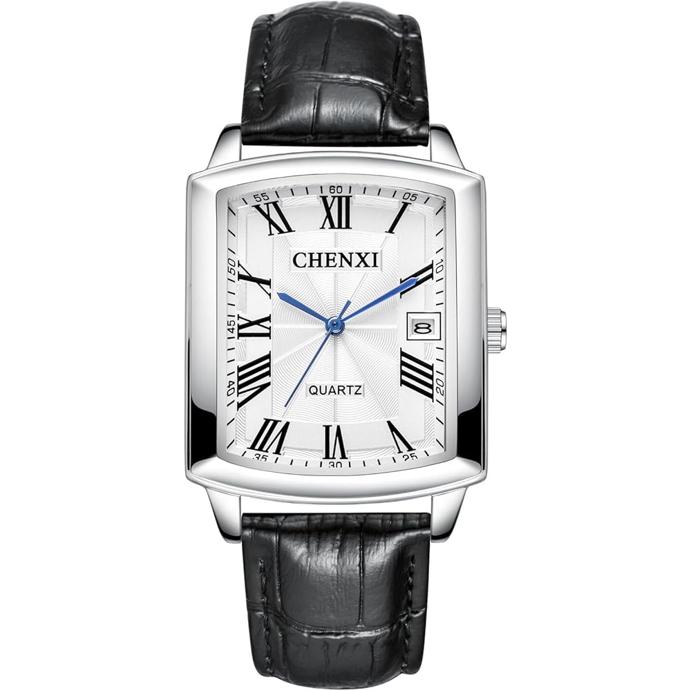 Square Men s Watch Leather Band Analog Quartz Waterproof with Roman Numerals Silver