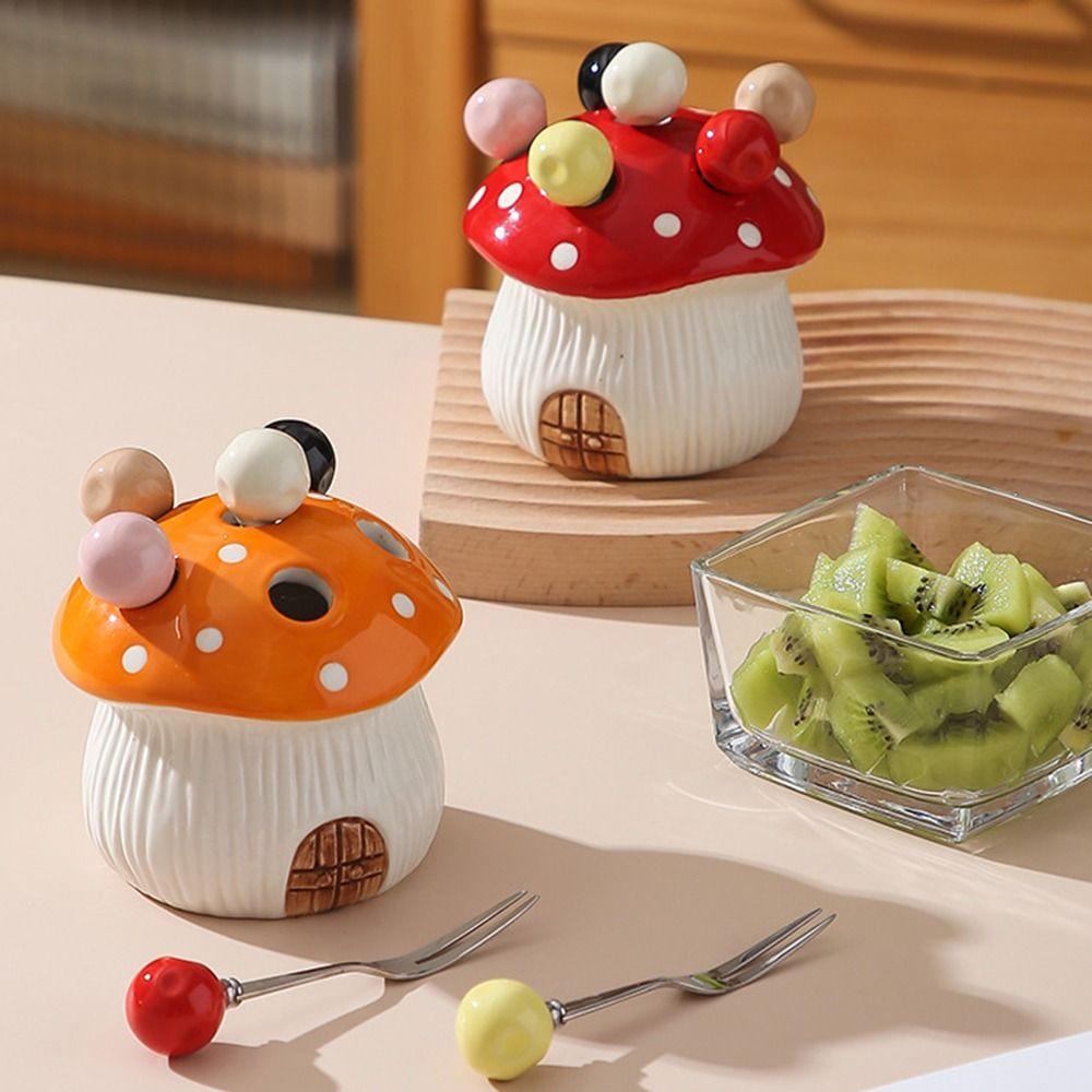 3D Stainless Steel Fruit Fork Ceramic Dessert Salad Fork Mushroom Fruit Sweets Forks  Picnics