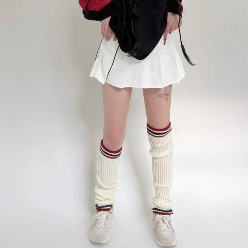 Student Vintage Double Striped Ribbed Knit Leg Warmers Slouch Leg Covers Boot Cuffs Stretchy Long Boot Socks for Women