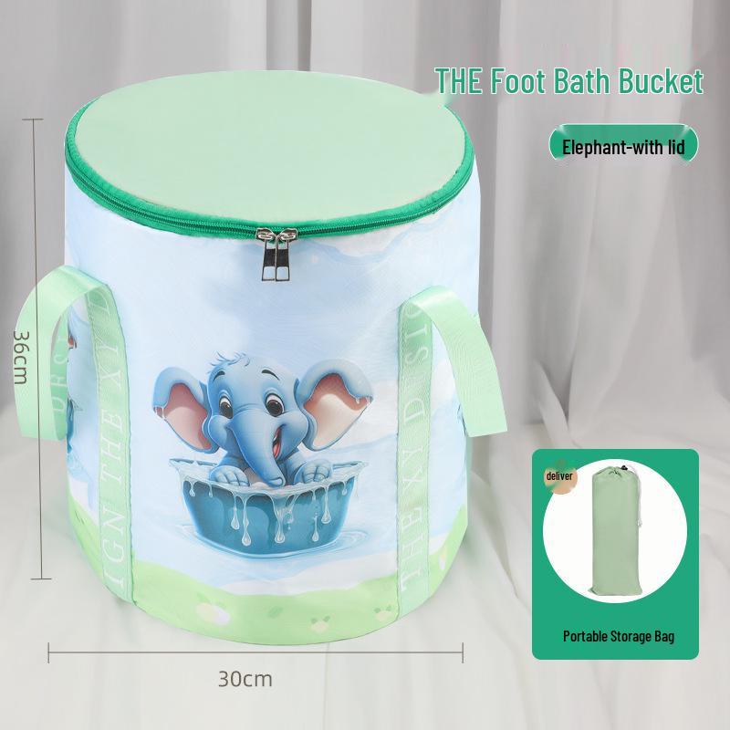 Cartoon Insulated Folding Foot Bath Bucket with Lid - Portable, Thickened Design for Deep Soak