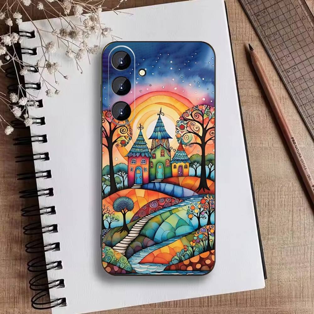 Whimsical landscape Starry Night Phone Case For Samsung Galaxy A73,A21s,A22,A31,A52,A53,A71,A41Soft Black Shell