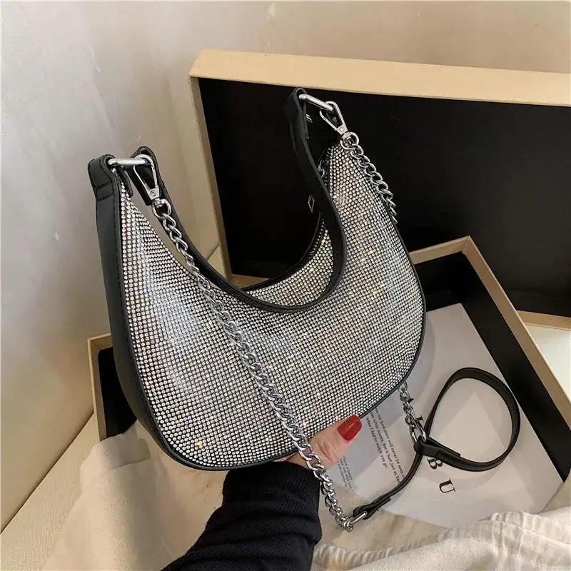 Women's Vintage Single Shoulder Bag Solid Color Casual Messenger Bag Elegant Versatile Handbag Inlaid Diamond Underarm Bag