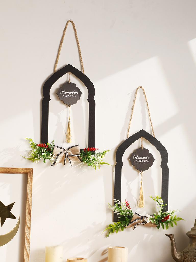 Ramadan Wooden Wall Hanging Decor Islamic Arch Design with Floral & Tassel Festive Home & Wall Decoration for Ramadan & Eid Gift