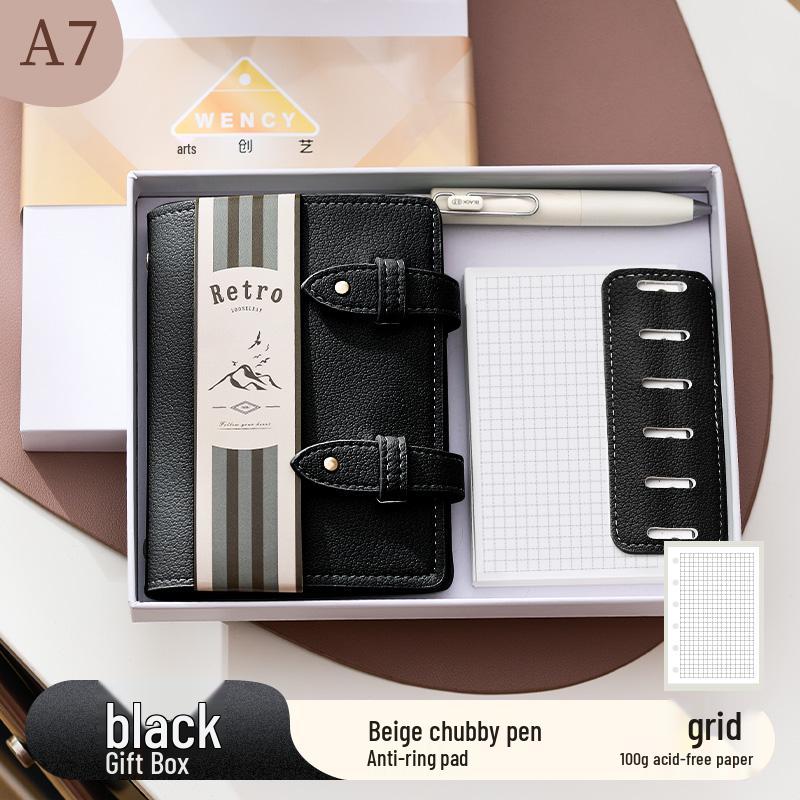 A7 Grain Leather Ring Binder Planner - Portable Pocket Journal with Blank Dot Grid Pages