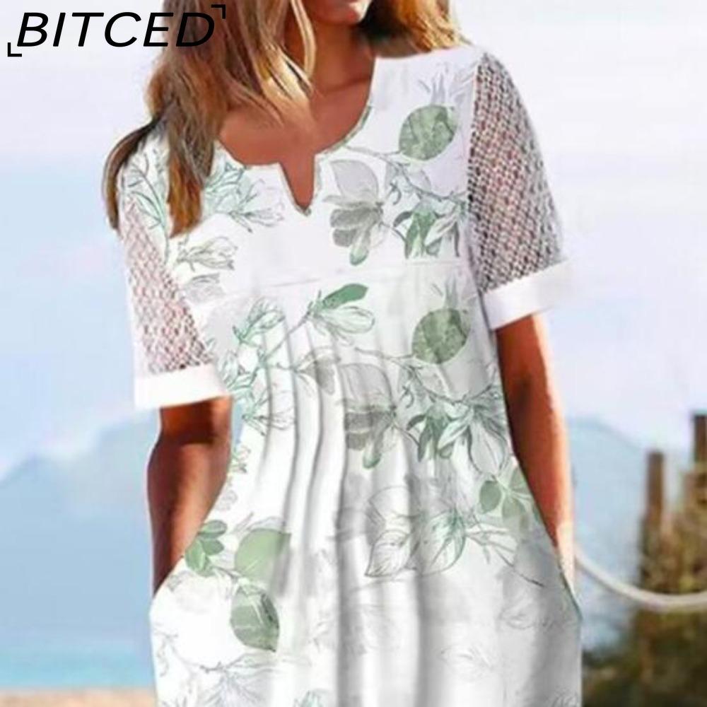 BITCED Summer Dress With Pockets Anti-Pilling Popular Floral Print Cocktail Tunic Long Streetwear Dressy Outfits