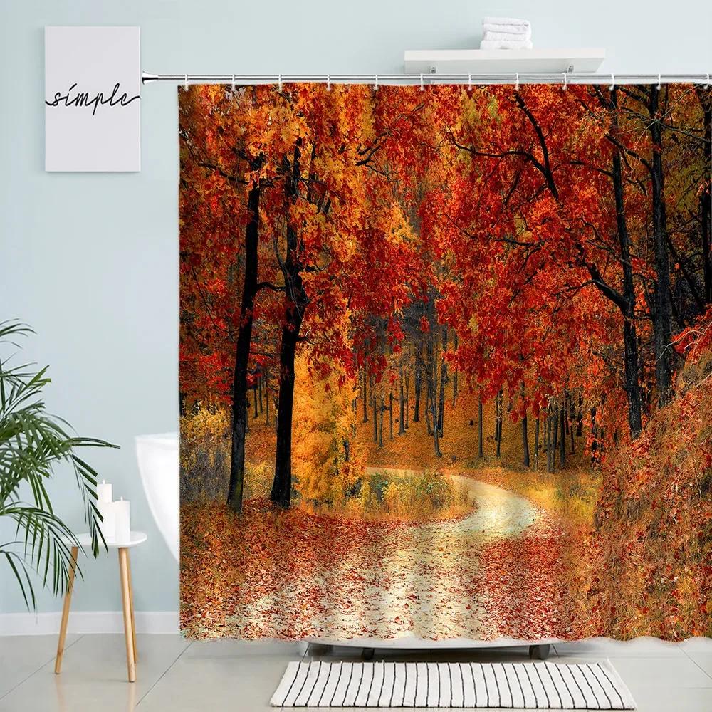 Blooming Pink Gray Forest Flowers Shower Curtain Cherry Blossoms Park Spring Floral Trees Road Landscape Scenic Bathroom Decor