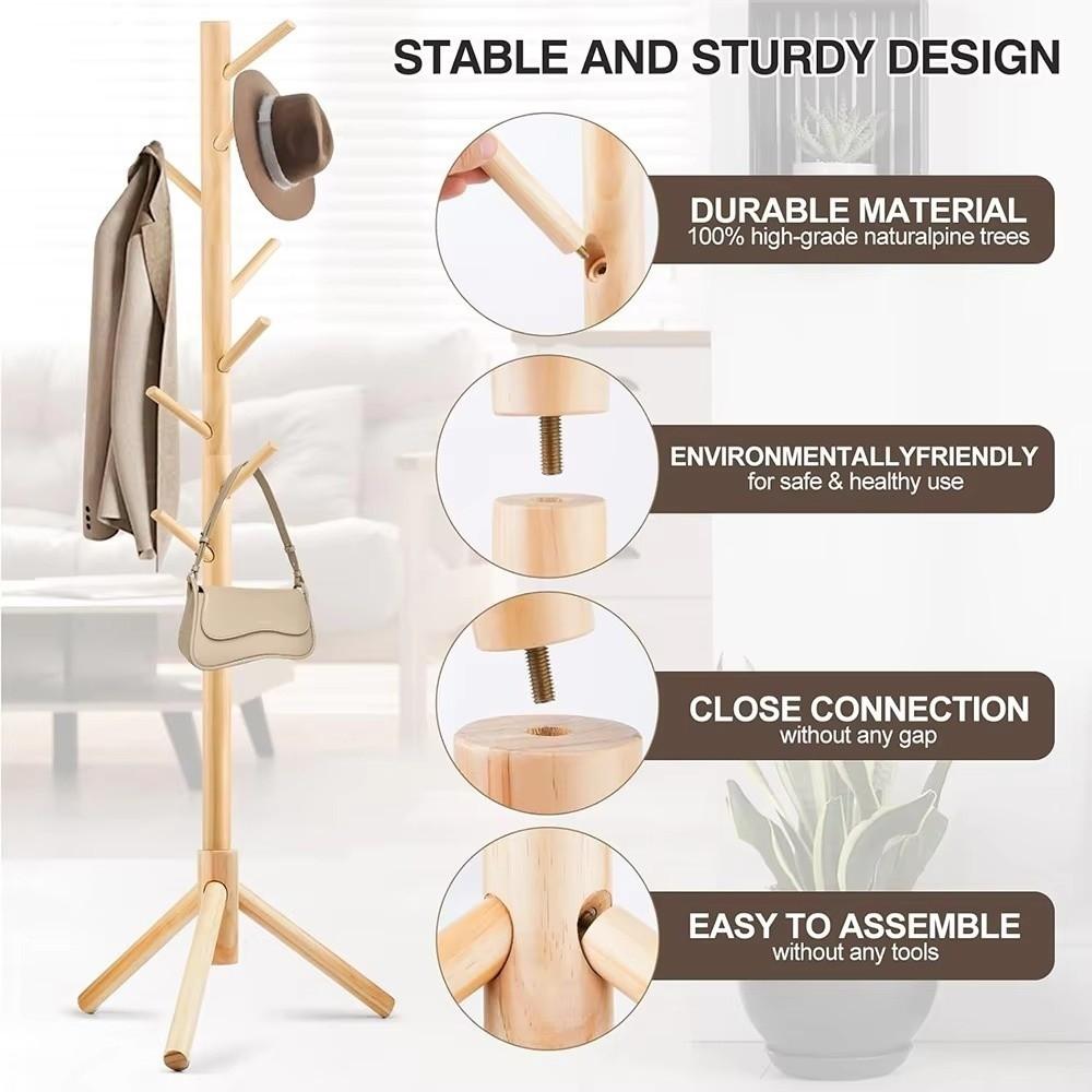 New 8 Hooks Coat Rack Space Saving Sturdy Hanging Pole Rack Floor-standing Clothes Drying Stand Room Organization