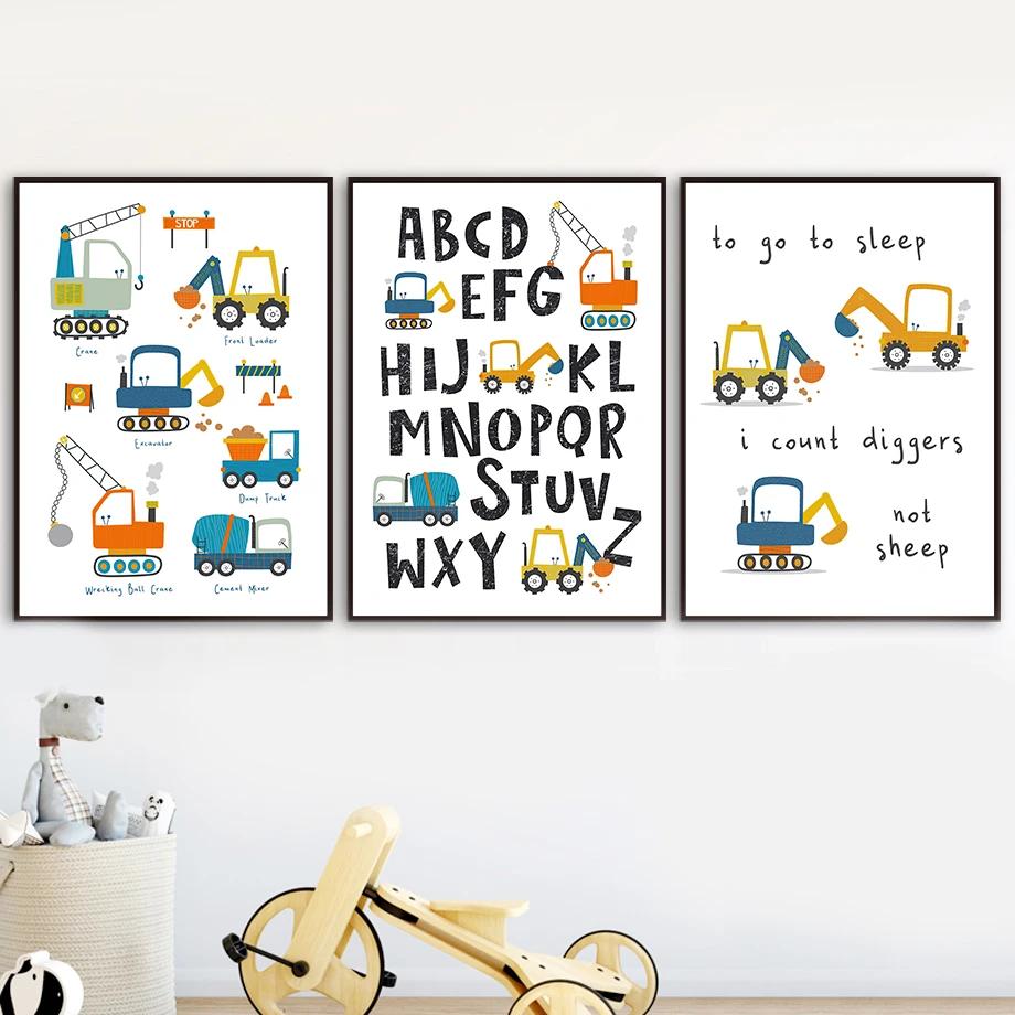 Nordic Cartoon Crane Excavator Dump Truck Front Loader Wall Art Posters and Prints Wall Pictures Kids Room Decor Canvas Painting