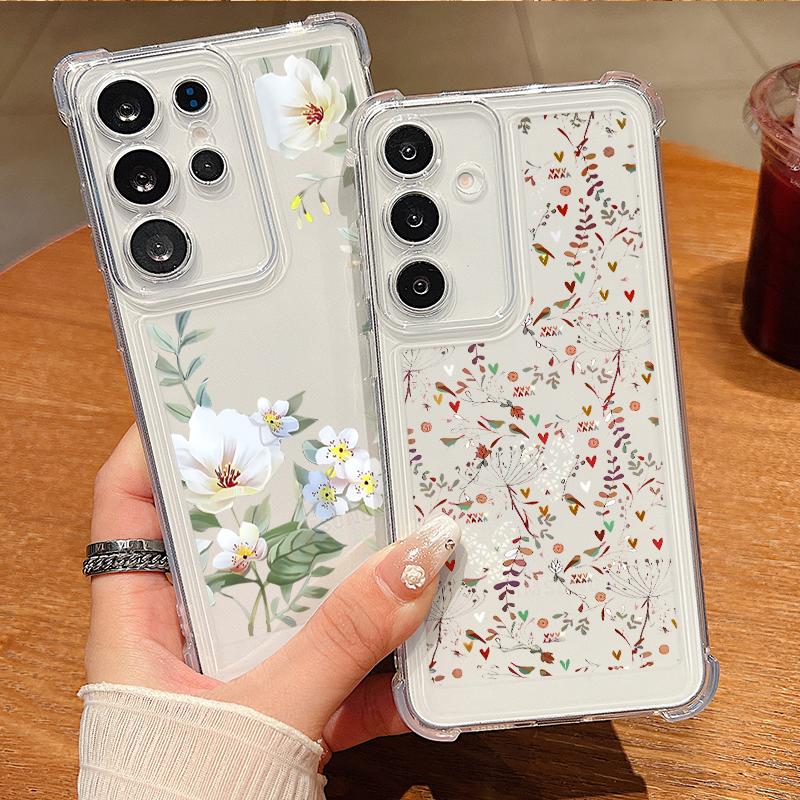 White Flower Phone Case For Samsung Galaxy S25 Edge S24 FE S25 S24 S23 Ultra S22 Plus A36 A56 A16 A55 A54 A15 5G Clear TPU Cover
