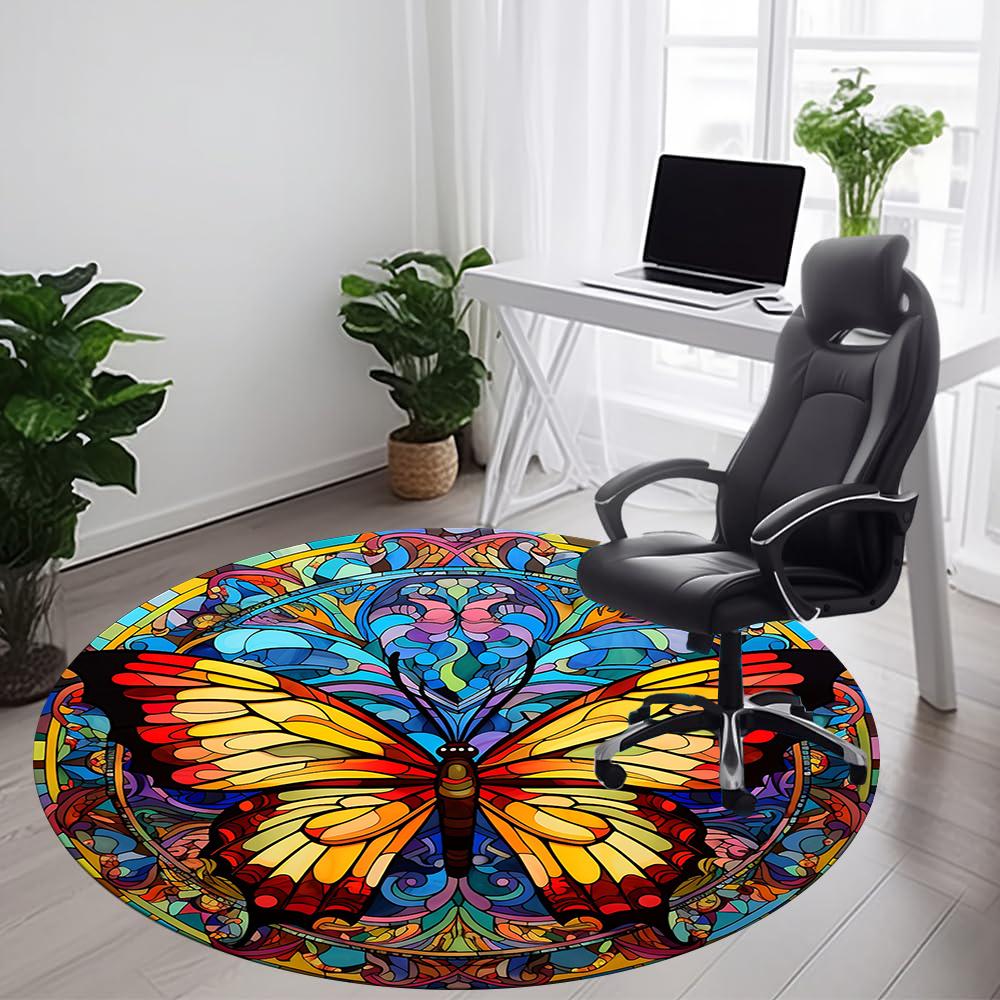 1pc Butterfly StainedGlass Office Round Area Rug, Indoor Mat Suitable ForOffice, Under Office Chairs Bedroom Living Room Home Decor, Room Decot022