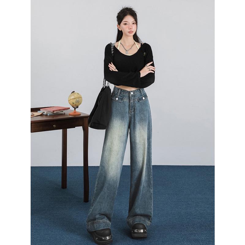 2024 Plus Size Retro High-Waist Wide Leg Jeans - Women's Slimming Straight-Leg Autumn/Winter Pants