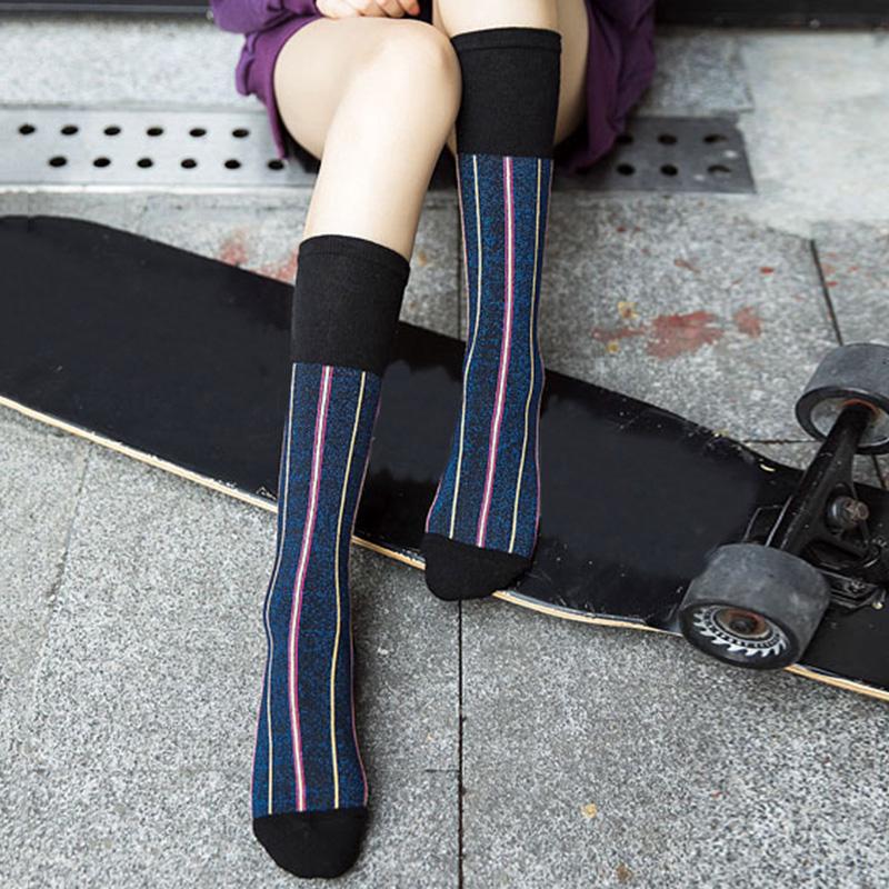 

Новые модные зимние женские полосатые высокие носки с блестящими деталями из эластичного хлопка для девочек, спортивные, теплые One Size королевский синий