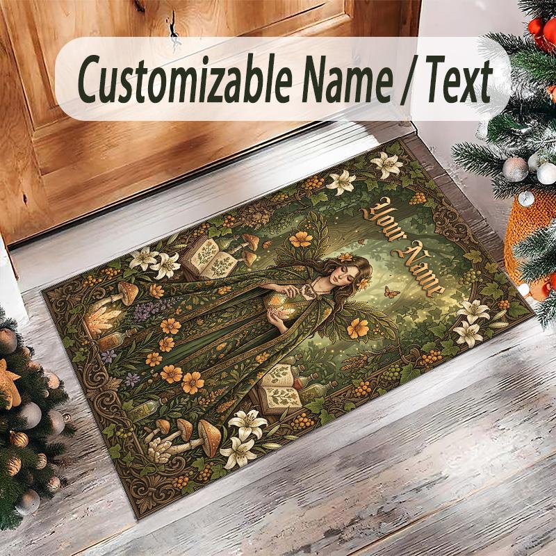Forest Nature Theme Crystal Velvet Rug Personalized Custom Name Text Soft Floor Mat Home Decor