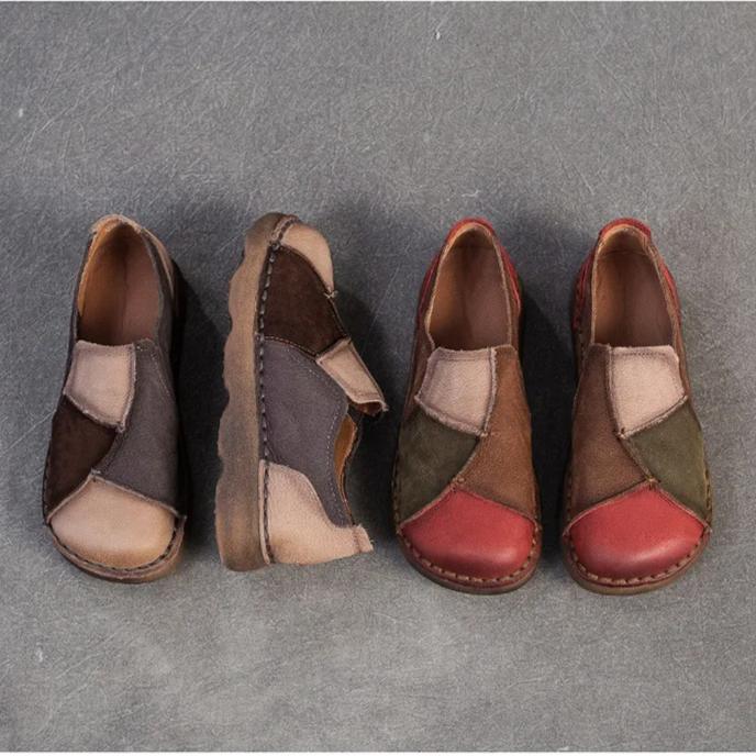 Johnature Retro Mixed Colors Soft Soled Flats Genuine Leather Comfortable Round Toe Women's Slip-on Shoes
