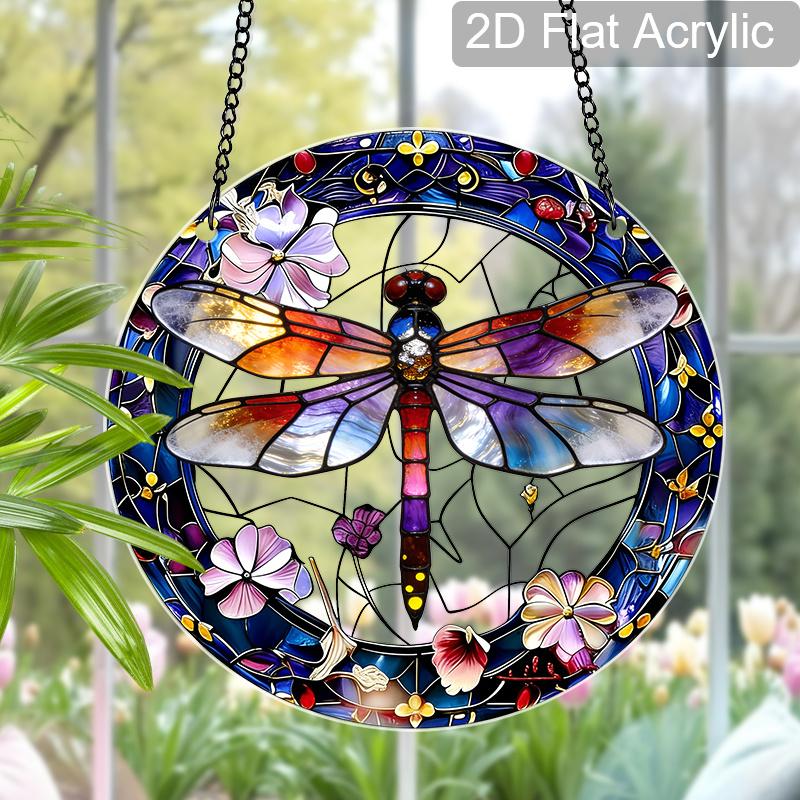 Acrylic Dragonfly & Flower Suncatcher Stained Glass Effect Window Hanging Ornament Insect Themed Gift for Home