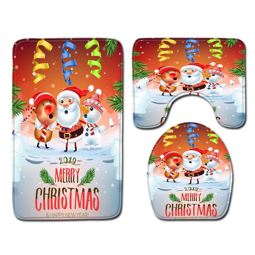 Christmas Bathroom Non-Slip Doormat Bathroom Waterproof Shower Curtain Toilet Floor Mat Four-Piece Shower Room Absorbent Carpet