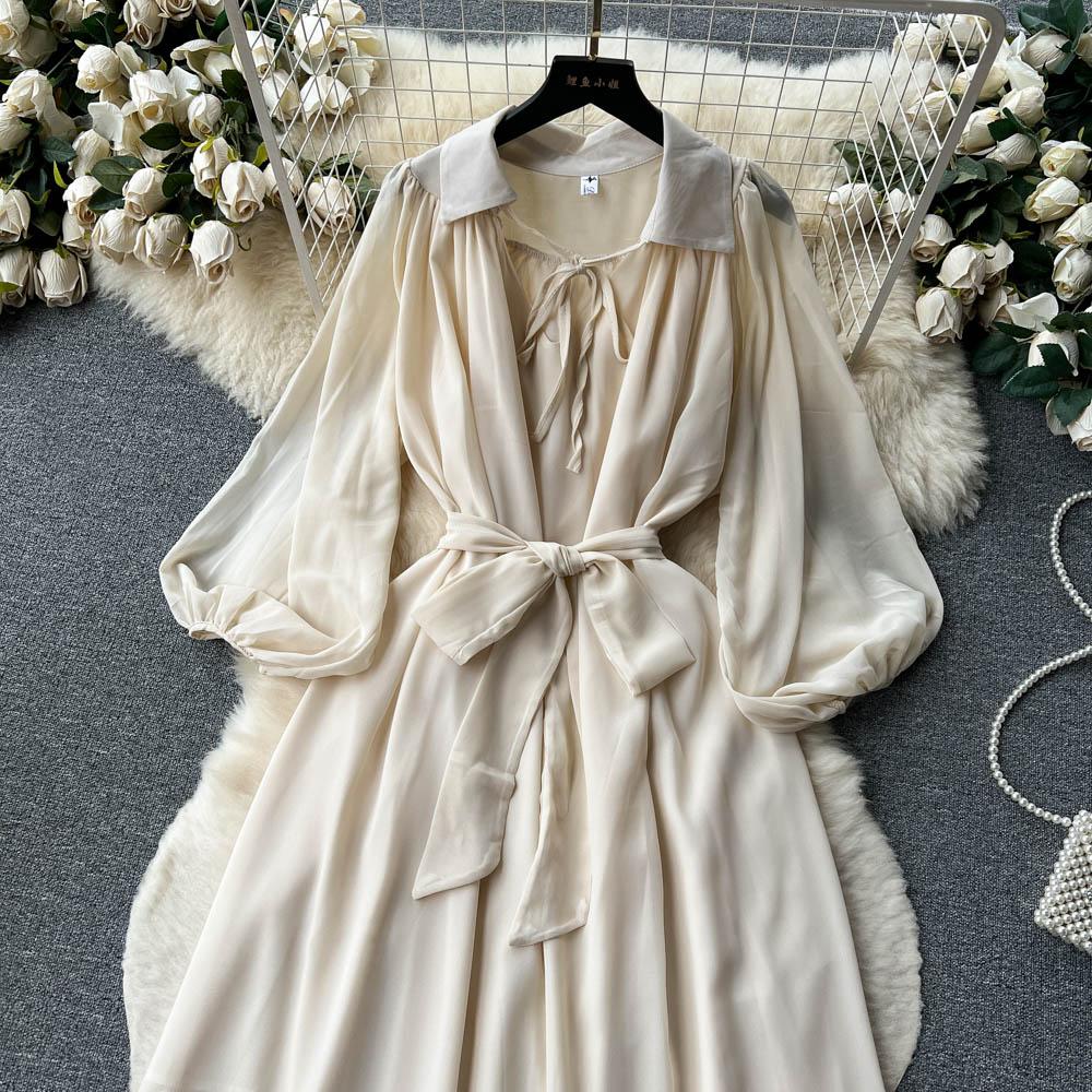 Francouzské šik Maxi šaty pro ženy Sklopný límec Lucerna Rukáv Šněrovací Dámské letní šaty Dámské Vestidos Dropship