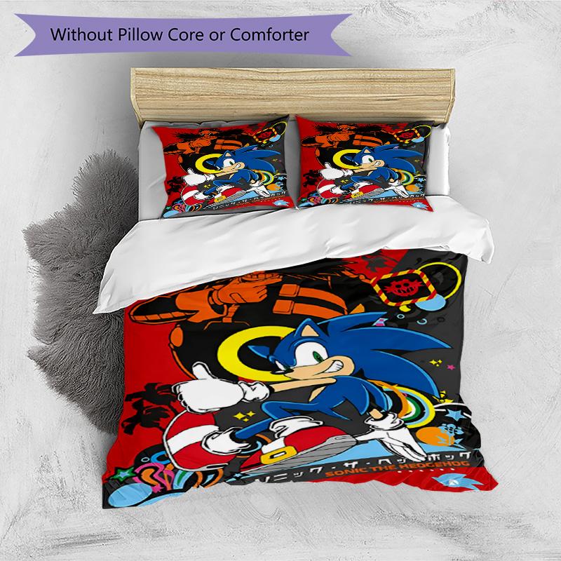Set cuvertură de pilota 3 buc (1 * Husă de pilota + 2 * Față de pernă, Fără Miez), Set de așternut cu Imprimeu Sonic, Decor Dormitor, Pentru Toate Sezoanele, Cadou de Ziua de Naștere