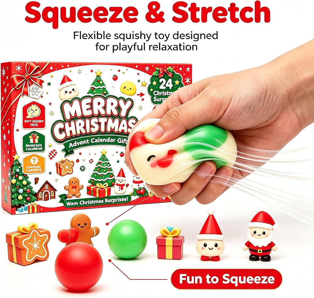 24-Tage-Weihnachts-Knödel-Squishy-Adventskalender, Fidget-Sensorik-Countdown-Kalender, Überraschungs-Squishies, Stressabbau-Fidget
