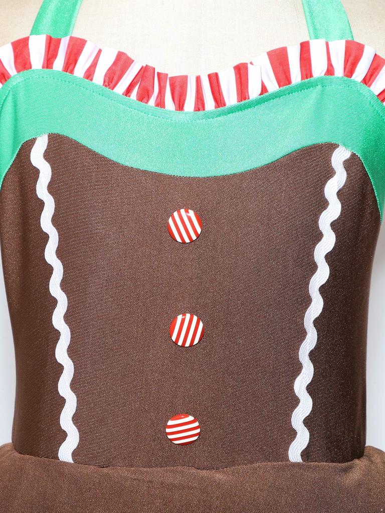 Mädchen Weihnachten Lebkuchenmann Kostüm Ärmelloses Tüllkleid Bodysuit mit offenem Rücken Feiertagsparty Verkleidung