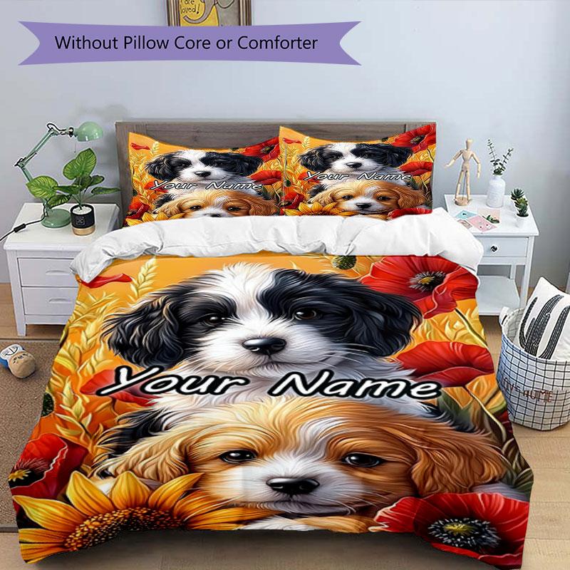3pcs Custom Name Puppies Amidst Vibrant Blooms. Bedding Set Printed Bedding Set Duvet Cover Closure Includes 1 Duvet Cover & 2 Pillowcases Bedroom Dec