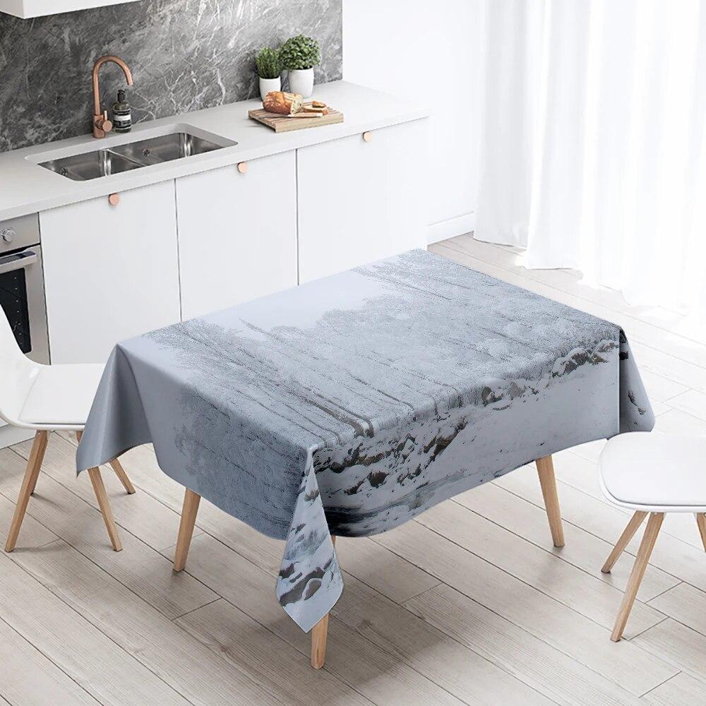 Față de masă cu zăpadă de iarnă frumoasă, anti-fouling, impermeabilă, dreptunghiulară, pentru decorarea casei