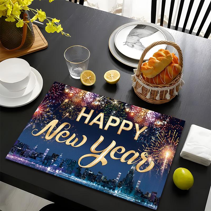 Frohes Neues Jahr Tischsets Baum Muster Tischsets Hitzebeständige Leinen Tischsets für Esszimmer- und Küchendekoration für Feiertagsmahlzeiten, Zusammenkünfte, Partytisch