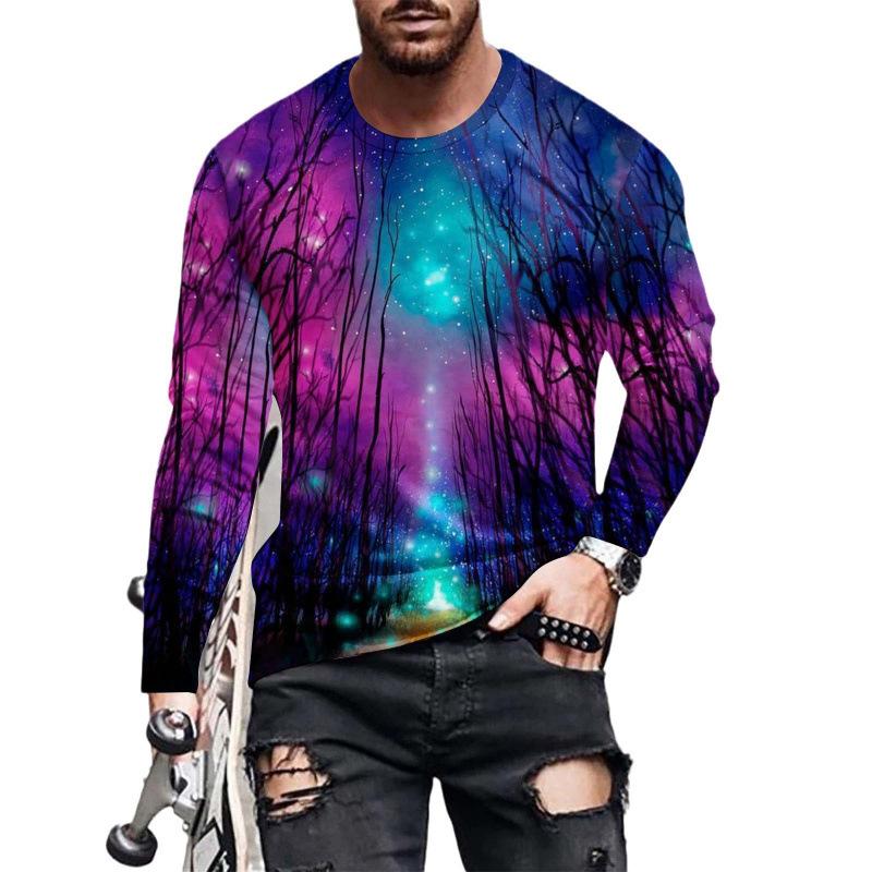Fashionable 3D Printed Men's Casual Round Neck Long Sleeved T-shirt