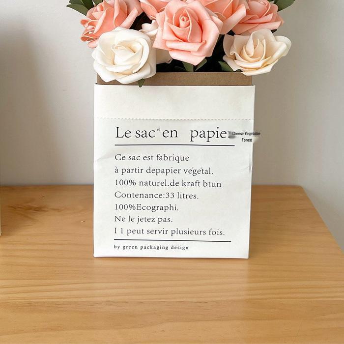 Romantic French Style Rose Artificial Flower Bouquet in Retro Kraft Paper Bag