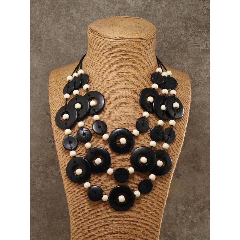 Bohemian Ethnic Coconut Shell Necklace Long Layered Wool Chain Handmade Retro Tropical Jewelry for Women Fashion Gift