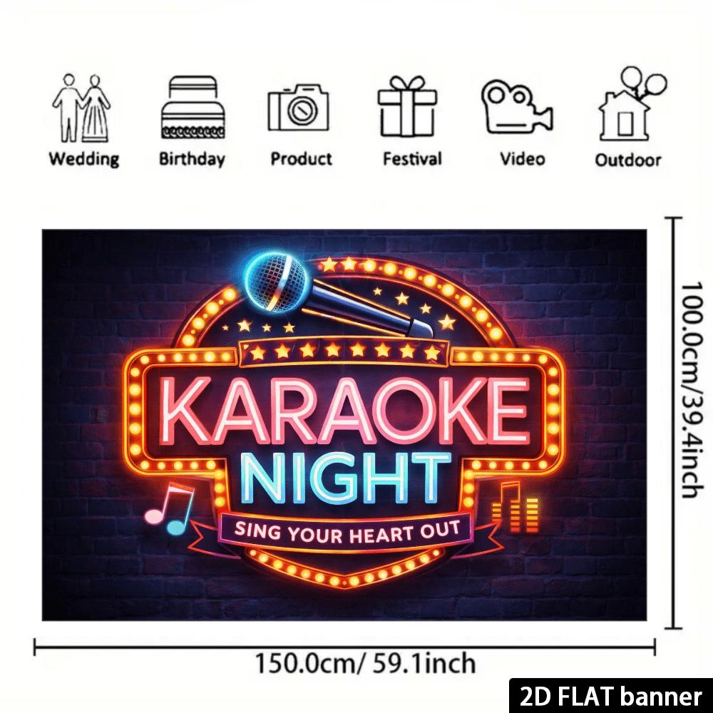 2D Retro Karaoke Night Flag Background  Neon Effect Microphone and Scattered Star Recording Pattern