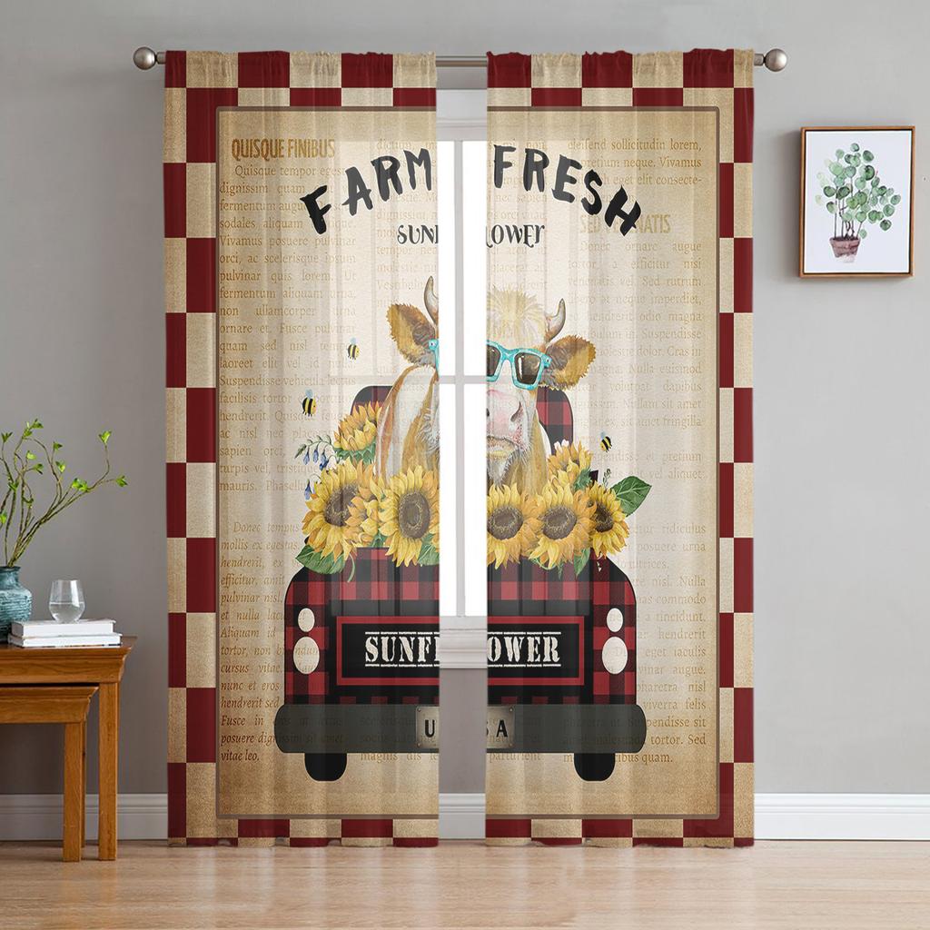American Country Style Sunflower Cow Sheer Curtains for Living Room Modern Voile Curtain Bedroom Tulle Curtains Window Drapes