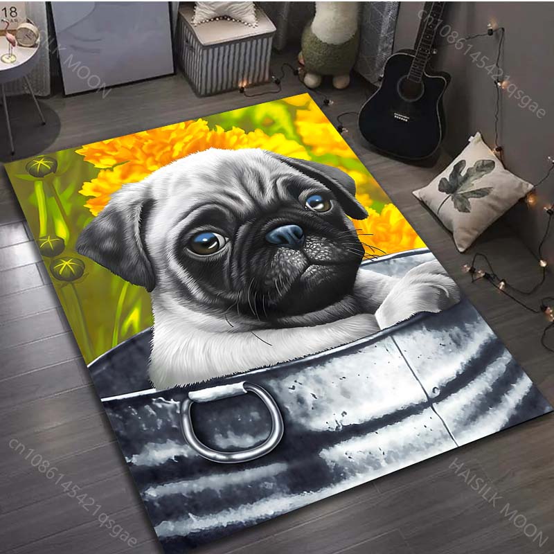 17 Stile Niedlicher Mops-Druck Teppich für Wohnzimmer Schlafzimmer Sofa Fußmatte Heimdekor Bereichsteppich Rutschfeste Bodenmatte Große Größe
