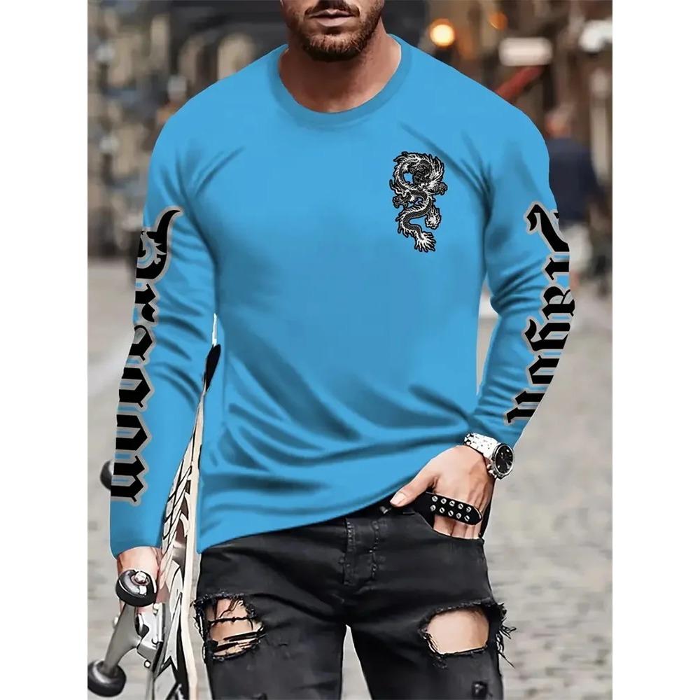 Simple Longteng Print Autumn Fashion Crewneck Men's Long Sleeve T-shirt Outdoor Street Fashion Top Everyday Casual Comfort