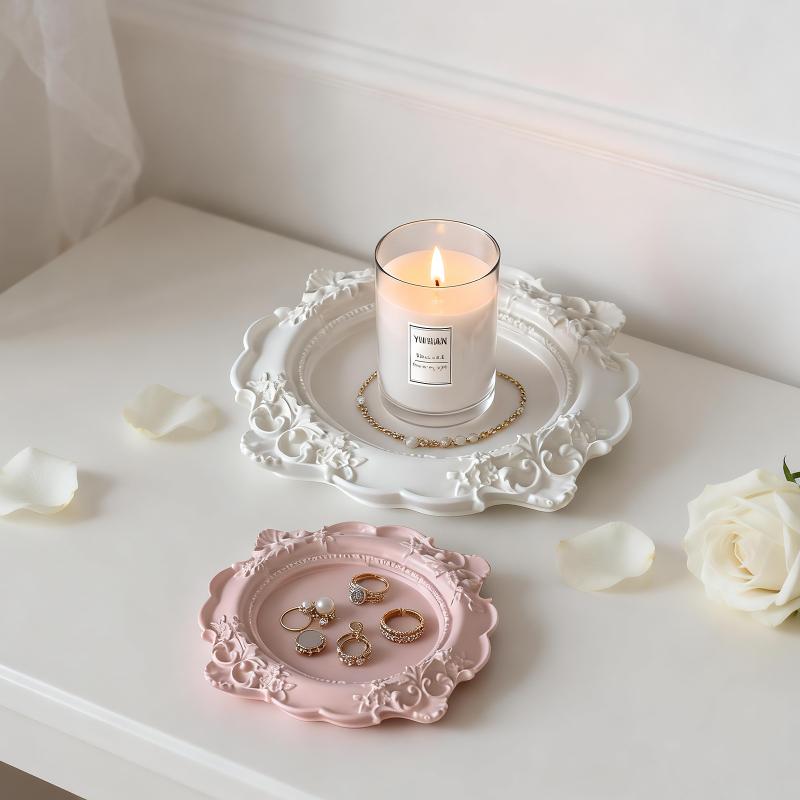 European Vintage Relief Lace Gypsum Tray DIY Handmade Ornament Round Oval for Coffee Table Snack Candy Storage Tray