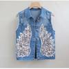 New Fashion Women's Denim Vest 2023 Spring Summer Sequin Vests Female Coat Ladies Phoenix Flower Outerwear Sleeveless Short Top