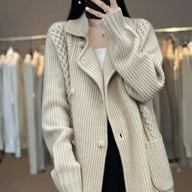 Women's Elegant Casual Thickened Mid-Length Cardigan Lazy-Style Knit Jacket