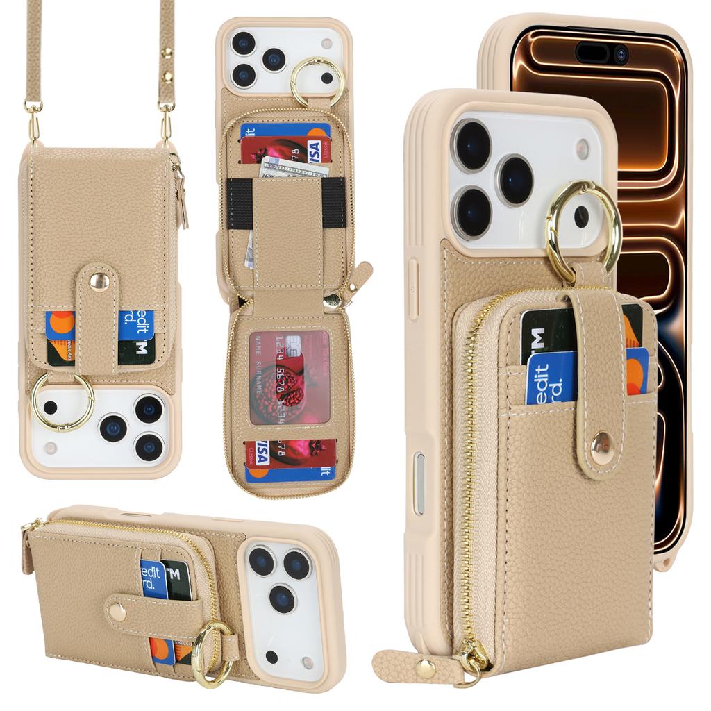 For iPhone 17 Pro Max Case with Zipper Pouch / Ring Kickstand / Strap Litchi Texture PU + TPU Phone Cover