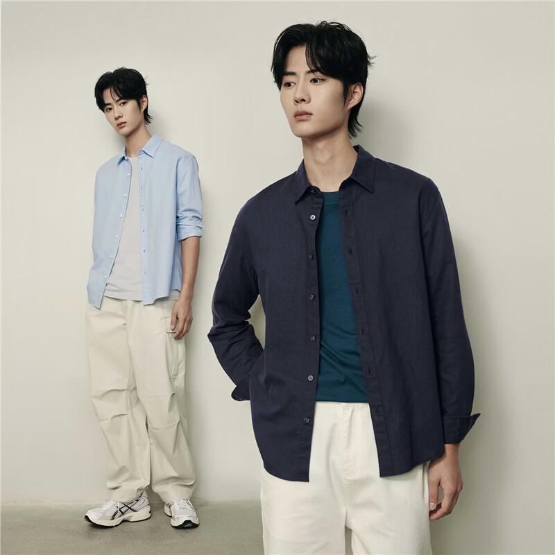 Giordano Men's Celebrity Style Breathable Cotton-Linen Long-Sleeve Shirt