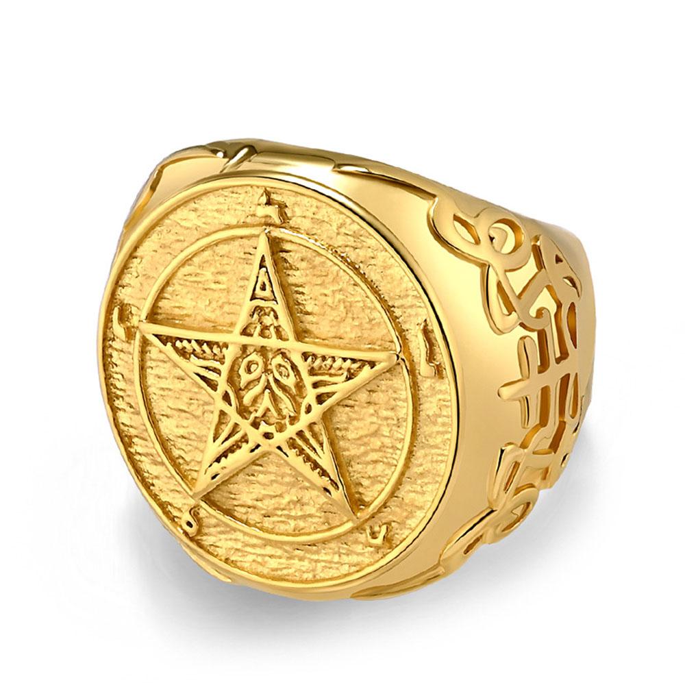 Anello Vintage Angelo Caduto Lucifero in Acciaio di Titanio Pentagramma di Satana Gioiello per Mano Chiave Inglese in Acciaio di Titanio