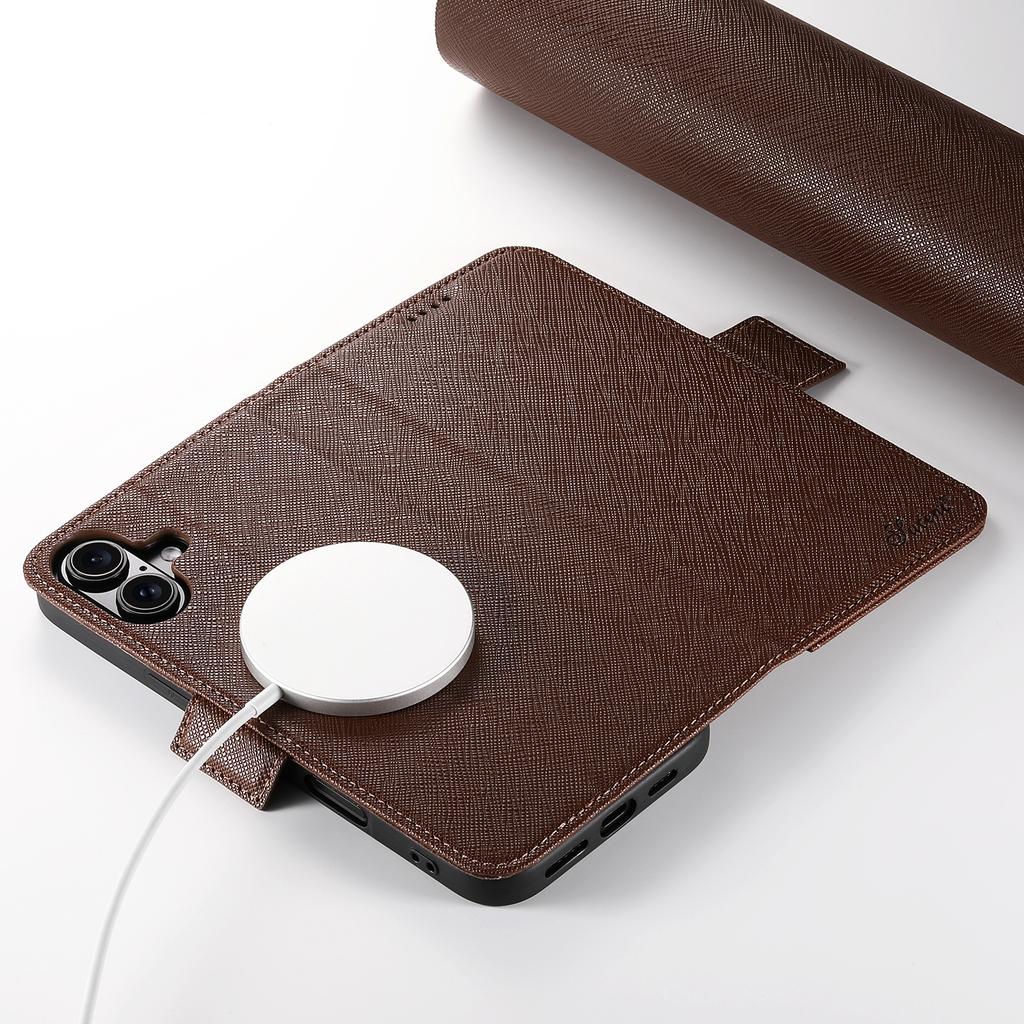 SUTENI J08 For iPhone 16 Plus Case Compatible with MagSafe Cross Texture Leather Wallet Phone Cover